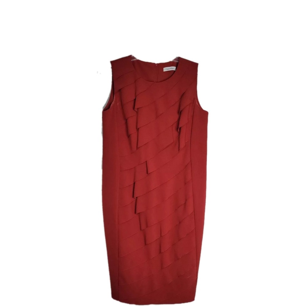Calvin Klein Red Sleeveless Dress Tiered Ruffle Career officecore boardroom sexy